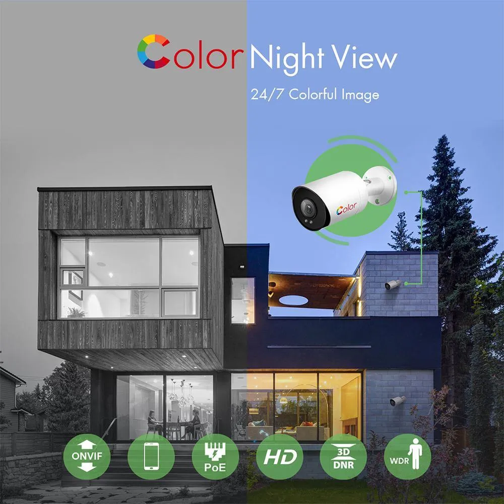 16CH PoE IP Camera System with (8) 4K Night Color Vision Cameras, 4TB HDD