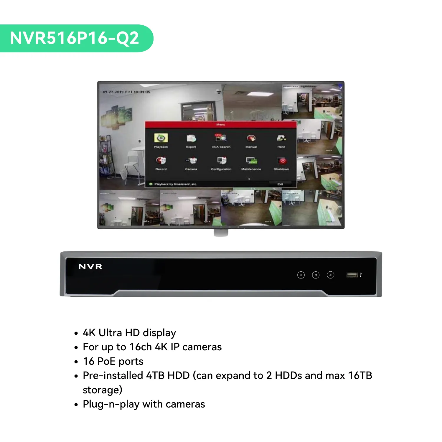 16CH PoE IP Camera System with (8) 4K Night Color Vision Cameras, 4TB HDD