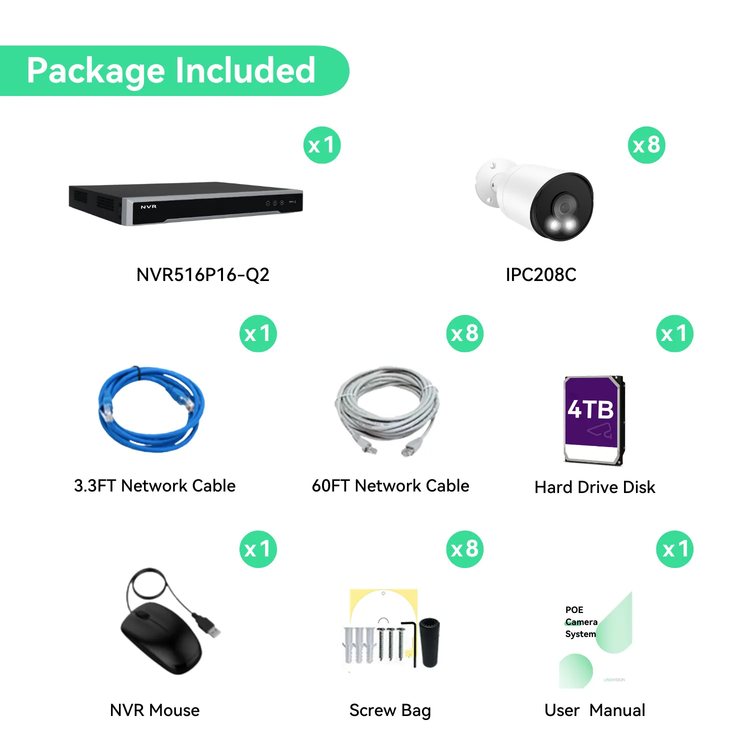 16CH PoE IP Camera System with (8) 4K Night Color Vision Cameras, 4TB HDD