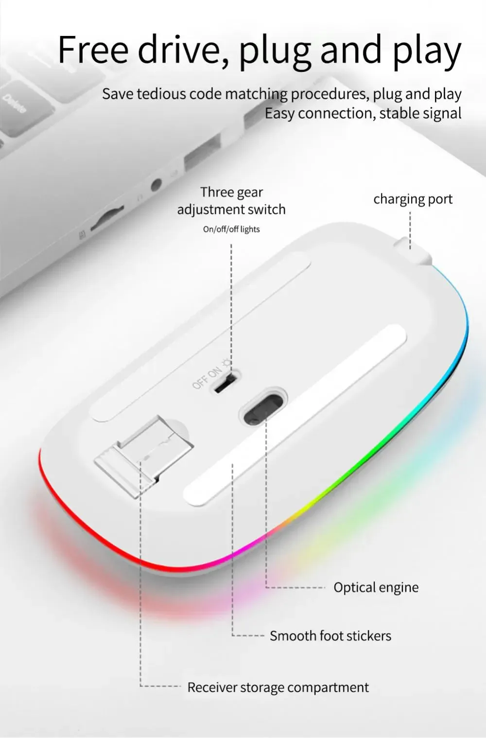 2.4g Rechargeable Wireless Gaming Mouse Portable Ergonomic Quiet and Magical for Laptops Tablets Ipads and Phones