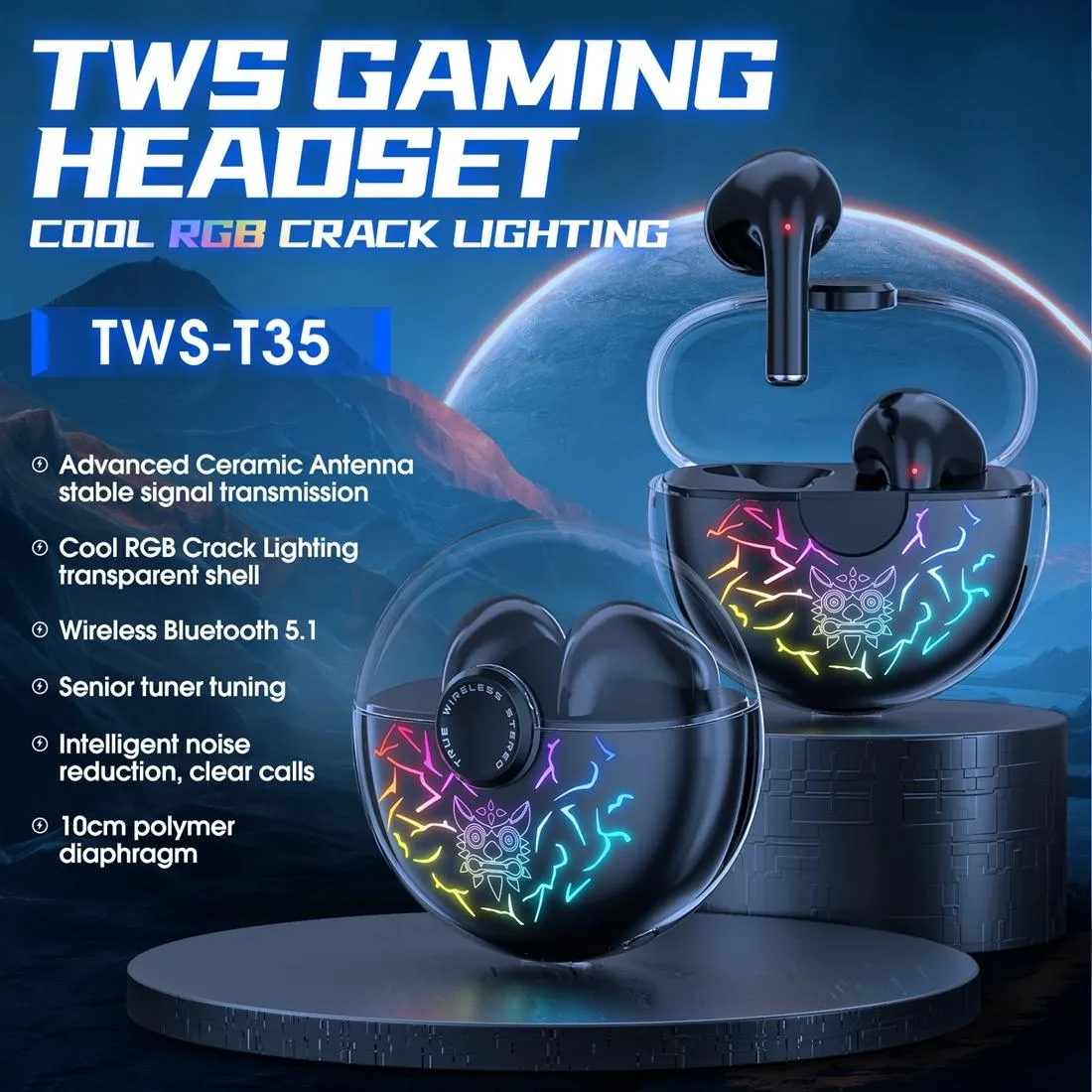 Black Wireless Gaming Earphones with Bluetooth