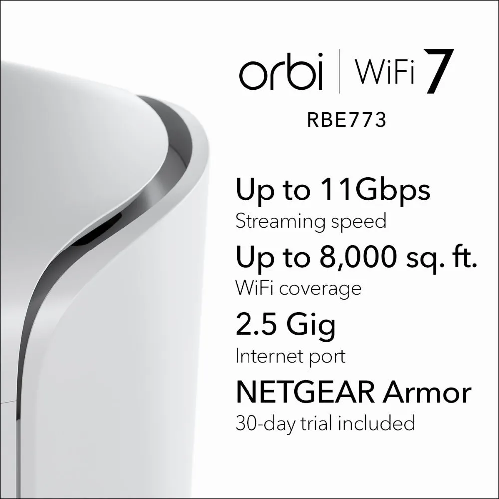 NETGEAR Orbi 770 Series Tri-Band WiFi 7 Mesh Network System (RBE773) - Router   2 Satellite Extenders, Security Features, Up to 11Gbps, Covers up to 8,000 sq. ft., 100 Devices, 2.5 Gig Internet Port