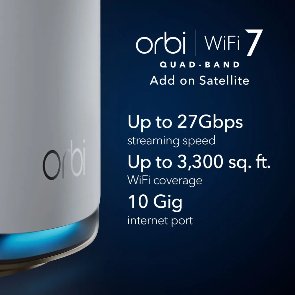 NETGEAR Orbi 970 Series Quad-Band WiFi 7 Mesh Router (RBE971S), Covers Up to 3,300 sq. ft., 200 Devices, 10 Gig Internet Port, Expandable to Create A Mesh System, BE27000 802.11be (Up to 27Gbps) - White
