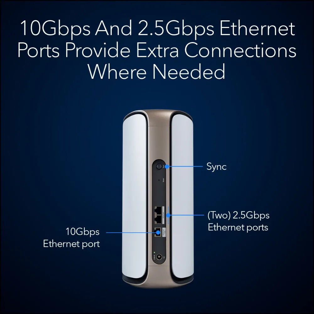 NETGEAR Orbi 970 Series Quad-Band WiFi 7 Mesh Router (RBE971S), Covers Up to 3,300 sq. ft., 200 Devices, 10 Gig Internet Port, Expandable to Create A Mesh System, BE27000 802.11be (Up to 27Gbps) - White