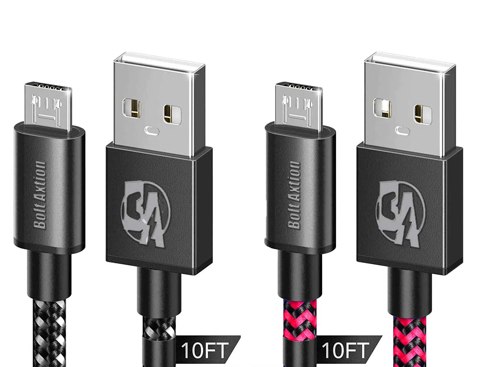 PS4 Controller Charger Charging Cable 10ft 2 Pack Nylon Braided Extra Long Micro USB 2.0 High Speed Data Sync Cord BOLT AXTION