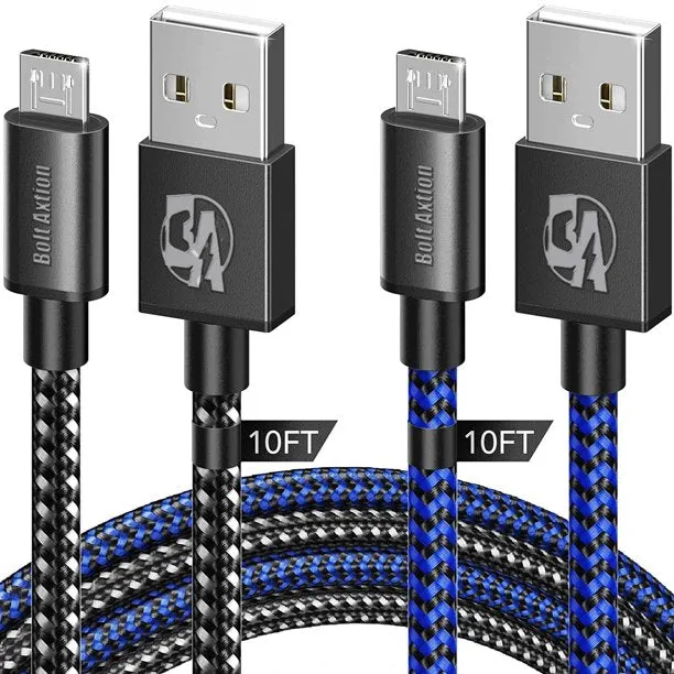 PS4 Controller Charger Charging Cable 10ft 2 Pack Nylon Braided Extra Long Micro USB 2.0 High Speed Data Sync Cord BOLT AXTION