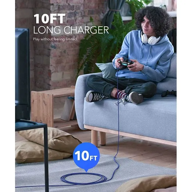 PS4 Controller Charger Charging Cable 10ft 2 Pack Nylon Braided Extra Long Micro USB 2.0 High Speed Data Sync Cord BOLT AXTION
