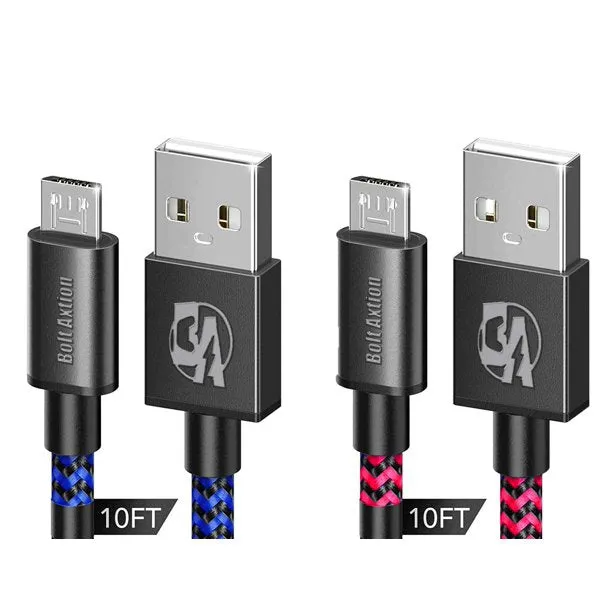 PS4 Controller Charger Charging Cable 10ft 2 Pack Nylon Braided Extra Long Micro USB 2.0 High Speed Data Sync Cord BOLT AXTION